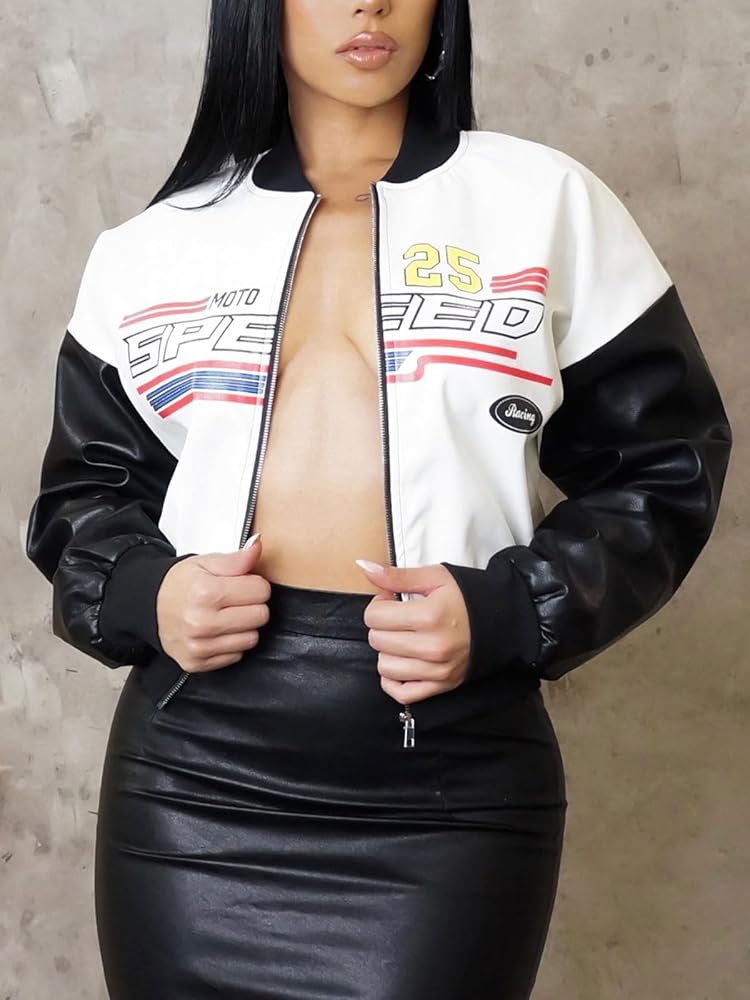Angsuttc Faux Leather Jacket Women Racer Letter Graphic Zip